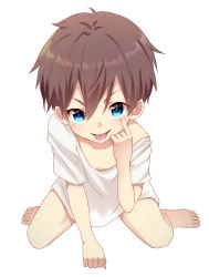 Rule 34 | 1boy, :p, barefoot, blue eyes, brown hair, feet, full body, hair between eyes, highres, looking at viewer, male focus, naked shirt, original, ronba1125, shirt, simple background, sitting, smile, solo, tongue, tongue out, wariza, white background
