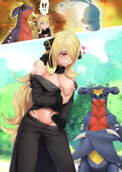 Rule 34 | 1girl, 2koma, artist name, bare shoulders, black jacket, black pants, blonde hair, blush, body switch, breasts, cleavage, comic, commentary, commission, creatures (company), cynthia (pokemon), female masturbation, game freak, garchomp, gen 4 pokemon, hair ornament, hair over one eye, jacket, large breasts, long hair, looking at viewer, masturbation, mythical pokemon, navel, nintendo, nipples, outdoors, pants, personality switch, pokemon, pokemon (creature), pokemon dppt, smile, thanabis, very long hair