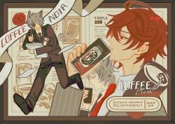 Rule 34 | 2boys, absurdres, ahoge, alternate costume, animal ears, bag, black footwear, blue eyes, brown hair, business suit, can, cat ears, coffee, collared shirt, commentary, drinking, english commentary, english text, erune, formal, granblue fantasy, grey hair, hair between eyes, halftone, highres, holding, holding can, holding paper, male focus, menu, multiple boys, multiple views, necktie, nervous, open mouth, paper, reci, red eyes, red necktie, running, salaryman, sandalphon (granblue fantasy), seox (granblue fantasy), shirt, short hair, shoulder bag, star (symbol), suit, sweat, wax seal, white shirt