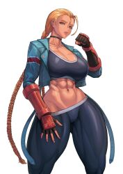 Rule 34 | 1girl, abs, blonde hair, blue eyes, braid, breasts, cammy white, capcom, choker, cleavage, curvy, female focus, fingerless gloves, gloves, highres, kongman99, large breasts, long hair, looking at viewer, midriff, muscular, muscular female, navel, solo, street fighter, street fighter 6, thick thighs, thighs, very long hair, white background