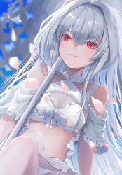 Rule 34 | 1girl, :q, akarisu 05, bikini, bow, breasts, choker, cleavage, collarbone, detached sleeves, fate/grand order, fate (series), grey hair, hair between eyes, hair intakes, lady avalon (fate), lady avalon (second ascension) (fate), long hair, merlin (fate/prototype), petals, red eyes, short sleeves, small breasts, smile, solo, swimsuit, tongue, tongue out, very long hair, white bikini, white bow, white choker, white sleeves