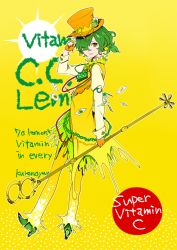 Rule 34 | androgynous, c.c. lemon, c.c. lemon (character), card, coat, earrings, fingerless gloves, food, fruit, gender request, gloves, green hair, hat, highres, jewelry, kurono yuu, lemon, long sleeves, one eye closed, orange hat, pants, playing card, sleeveless, sleeveless coat, solo, staff, themed object, themed playing card, top hat, wink, yellow background, yellow eyes