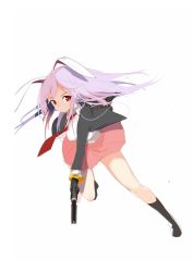 Rule 34 | 1girl, animal ears, black footwear, black gloves, black jacket, black socks, blazer, commentary request, dress shirt, full body, gloves, gun, holding, holding weapon, jacket, leg up, light purple hair, long hair, long sleeves, looking at viewer, miniskirt, necktie, no mouth, open clothes, open jacket, pink skirt, pleated skirt, rabbit ears, red eyes, red necktie, reisen udongein inaba, shirt, shoes, simple background, skirt, socks, solo, standing, standing on one leg, tetsurou (fe+), touhou, weapon, white background, white shirt, wing collar