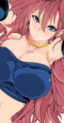 Rule 34 | 1girl, arm up, armpit crease, bare shoulders, blue eyes, blue tube top, blush, breasts, brown hair, collarbone, detached sleeves, dragon, dragon ball, dragon ball fighterz, ear piercing, earrings, embarrassed, eyelashes, hair between eyes, highres, hoop earrings, jewelry, kinakomochi (user vedc2333), large breasts, long hair, looking at viewer, lying, midriff peek, neck ring, on back, piercing, selfie, shy, simple background, solo, spiked hair, strapless, sweat, translation request, tube top