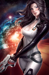 Rule 34 | 1girl, absurdres, black hair, blue eyes, bodysuit, breasts, choker, chromatic aberration, cleavage, gun, highres, holding, holding weapon, large breasts, lens flare, lipstick, long hair, looking at viewer, madeleine bellwoar, makeup, mass effect (series), mass effect 2, miranda lawson, parted lips, skin tight, smile, solo, space, star (symbol), weapon