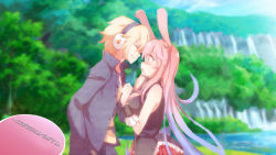 Rule 34 | 1boy, 1girl, ^ ^, animal ears, artist name, bare shoulders, blonde hair, blue hair, blue sky, blurry, blurry background, blush, breasts, bush, chrisandita, cleavage, closed eyes, cloud, couple, day, detached collar, embarrassed, eyebrows, eyelashes, face-to-face, forest, frills, from side, grabbing another&#039;s chin, gradient hair, grass, hair between eyes, hand on another&#039;s face, happy, headphones, hetero, highres, imminent kiss, interspecies, kurousagi (mondaiji), lake, long hair, long sleeves, looking at another, medium breasts, mondaiji-tachi ga isekai kara kuru sou desu yo?, multicolored clothes, multicolored hair, nature, open mouth, outdoors, parted lips, pink eyes, pink hair, plant, profile, rabbit ears, rabbit tail, red skirt, sakamaki izayoi, school uniform, shirt, short hair, shy, signature, simple background, skirt, sky, sleeveless, sleeveless shirt, smile, standing, sunlight, tail, tree, upper body, water, wrist cuffs