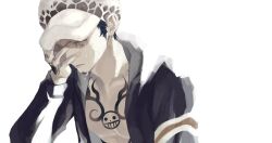 Rule 34 | 1boy, bad id, bad twitter id, black hair, chest tattoo, crying, crying with eyes open, earrings, facial hair, goatee, hand on own face, hand tattoo, hat, hood, hooded coat, jewelry, long sleeves, male focus, one piece, oppaipai, sideburns, solo, tattoo, tears, trafalgar law, upper body, white background, yellow eyes
