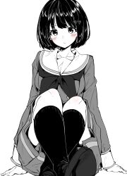 Rule 34 | 1girl, blush, bow, breasts, closed mouth, crossed legs, hair bow, hibike! euphonium, highres, hisaishi kanade, knees up, loafers, long sleeves, looking at viewer, medium breasts, mokufuu, monochrome, pleated skirt, school uniform, serafuku, shirt, shoe soles, shoes, short hair, simple background, sitting, skirt, sleeves past wrists, solo, spot color, white background