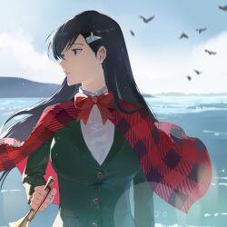 Rule 34 | 1girl, black hair, blue eyes, breasts, burn the witch, capelet, green jacket, hair behind ear, half-closed eyes, highres, jacket, large breasts, long hair, long sleeves, looking to the side, niihashi noel, parted lips, plaid cape, plaid capelet, profile, red capelet, shirt, white shirt, zzz zhi he