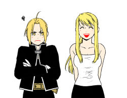 Rule 34 | &gt;:(, 1boy, 1girl, :d, ^ ^, arms behind back, bare arms, bare shoulders, belt, black jacket, blonde hair, breasts, closed eyes, crossed arms, edward elric, floating hair, frown, fullmetal alchemist, gloves, hanayama (inunekokawaii), happy, jacket, long hair, medium breasts, open mouth, shirt, simple background, sleeveless, sleeveless shirt, smile, squiggle, upper body, v-shaped eyebrows, white background, white gloves, white shirt, winry rockbell, yellow eyes