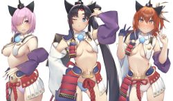 Rule 34 | 3girls, ;o, @ @, arm up, armor, asymmetrical sleeves, black gloves, black hair, blue eyes, blue panties, blush, bow, bow panties, breast curtains, breasts, circlet, commentary, contrapposto, cosplay, cowboy shot, detached sleeves, double v, fate/grand order, fate (series), fujimaru ritsuka (female), gloves, gluteal fold, hair between eyes, hair ornament, hair over one eye, hand on own hip, hat, japanese armor, kusazuri, large breasts, light purple hair, long hair, long sleeves, looking at viewer, mash kyrielight, midriff, mismatched sleeves, multiple girls, navel, one eye closed, open mouth, orange hair, panties, parted lips, pink panties, pinta (ayashii bochi), purple eyes, revealing clothes, short hair, side ponytail, sideboob, simple background, single glove, sweatdrop, thighs, underwear, ushiwakamaru (fate), ushiwakamaru (fate) (cosplay), v, very long hair, white background, white panties