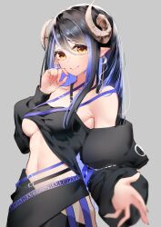 Rule 34 | 1girl, absurdres, armpit crease, bandeau, belt, black bandeau, black belt, black hair, black jacket, black skirt, blue belt, blue hair, blush, breasts, brown eyes, chest belt, cleavage, closed mouth, collarbone, commentary request, cowboy shot, curled horns, demon girl, demon horns, grey background, grey horns, hair between eyes, hand to own mouth, hebiyoi tier, hebiyoi tier (1st costume), highres, hip vent, horns, jacket, kirigirisu1221, long hair, long sleeves, looking at viewer, medium breasts, multicolored hair, nanashi inc., navel, off shoulder, open clothes, open jacket, pointy ears, reaching, reaching towards viewer, sidelocks, simple background, skirt, smile, solo, sugar lyric, two-tone hair, virtual youtuber