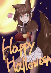 Rule 34 | 1girl, aile (mega man zx), animal ears, bodystocking, bracelet, breasts, brown hair, brown tail, covered navel, finger to mouth, green eyes, hair between eyes, hair ears, halloween, happy halloween, heart, highres, jewelry, medium breasts, mega man (series), mega man zx, mega man zx advent, robot ears, short shorts, shorts, smile, solo, strapless, tail, text focus, tgxx3300, tongue, tongue out, tube top, white shorts, wolf ears, wolf girl, wolf tail
