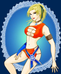 Rule 34 | 1girl, beast-gamer&#039;s sigh, blonde hair, blue eyes, breasts, center opening, choker, cleavage, closed mouth, cosplay, facing viewer, hair ribbon, hair tie, hand on leg, hand on own leg, hand on own thigh, hand on thigh, high ponytail, karin koenig, karin koenig (cosplay), long hair, looking at viewer, lowres, margarete gertrude zelle, midriff, navel, off shoulder, ponytail, red hair, ribbon, shadow hearts, shadow hearts ii, solo, standing