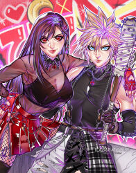 Rule 34 | 1boy, 1girl, alternate costume, arm around shoulder, artist name, bare shoulders, baseball bat, belt, black gloves, black hair, black nails, black shirt, black tank top, black thighhighs, blonde hair, blue eyes, breasts, chain, chain necklace, cleavage, closed mouth, cloud strife, collar, commentary, couple, cowboy shot, crescent moon, crop top, earrings, elbow gloves, english commentary, final fantasy, final fantasy vii, final fantasy vii rebirth, final fantasy vii remake, fingerless gloves, fishnet pantyhose, fishnets, gloves, goth fashion, hair between eyes, hair ornament, hairclip, hand on own hip, heart, highres, holding, holding baseball bat, ilabarattolo, jewelry, large breasts, lock, long hair, looking at viewer, midriff peek, moon, nail, nail bat, nail polish, necklace, padlock, pants, pantyhose, pleated skirt, red eyes, red gloves, red lips, red skirt, see-through, see-through shirt, shirt, skirt, sleeveless, sleeveless shirt, smile, spiked collar, spiked gloves, spiked hair, spikes, tank top, thighhighs, tifa lockhart, torn clothes, torn pants