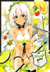 Rule 34 | 1girl, azuma aya, between legs, blonde hair, blush, bow, bowtie, bracelet, breasts, cherry, cocktail, comic, commentary request, cover, cover page, fishnet legwear, fishnets, food, fruit, green eyes, hand between legs, holding, holding tray, jewelry, leotard, lime (fruit), looking at viewer, medium breasts, necklace, olive, orange (fruit), parted lips, pearl bracelet, pearl necklace, personification, pineapple, pineapple slice, playboy bunny, short hair, solo, stirring rod, tan, translation request, tray, wrist cuffs