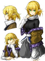 Rule 34 | 1girl, arm support, bad id, bad pixiv id, blonde hair, green eyes, highres, japanese clothes, kankan33333, mizuhashi parsee, pointy ears, scarf, sketch, solo, touhou, white background