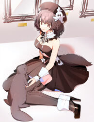 Rule 34 | 1girl, absurdres, alternate costume, animal, animal ears, arknights, black dress, black hat, black thighhighs, blue nails, breasts, brown eyes, brown hair, cleavage, collar, detached collar, dress, hat, highres, jewelry, medium breasts, necklace, off-shoulder dress, off shoulder, otter, otter ears, otter girl, otter tail, picture frame, roberta (arknights), short hair, signal 1120, sitting, solo, tail, thighhighs, wariza, white collar, wrist cuffs