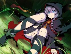Rule 34 | 1girl, amulet, anus, aqua eyes, arm support, bell, blush, boots, braid, chain, cleft of venus, cloak, cuffs, curse maker, dutch angle, etrian odyssey, female focus, grass, hair tie, highres, hood, hooded cloak, hou (hachiyou), jewelry, leaning back, light purple hair, long hair, necklace, no panties, pussy, shackles, sitting, solo, thigh strap, torn clothes, twin braids, twintails, uncensored