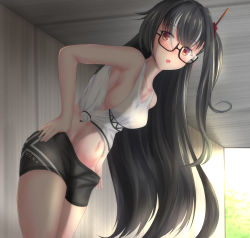 Rule 34 | 1girl, alternate costume, azur lane, bike shorts, bike shorts pull, black hair, blush, breasts, collarbone, commentary request, cowboy shot, glasses, groin, highres, kikuchi-darunyan, long hair, looking at viewer, medium breasts, midriff, multicolored hair, navel, no panties, open mouth, pulling own clothes, red eyes, shirt, side ponytail, sideboob, solo, streaked hair, tank top, u-47 (azur lane), undressing, white hair, white shirt