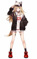 Rule 34 | &gt;:), 1girl, animal hat, bare legs, baseball cap, black jacket, blonde hair, blue eyes, collar, dog hat, dog tail, full body, hand in pocket, hat, hat tip, hat with ears, highres, hood, hood down, hoodie, jacket, kmnz lita, long hair, long sleeves, mc lita, nail polish, no pants, off shoulder, open clothes, open jacket, red footwear, red nails, shugao, smile, tail, virtual youtuber, white background, white hoodie