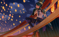 Rule 34 | 1boy, ahoge, arm guards, arm tattoo, bare shoulders, bead necklace, beads, black hair, building, cloud, cloudy sky, detached sleeves, eating, facial mark, food, forehead mark, from side, genshin impact, gloves, green gloves, green hair, highres, holding, holding food, jewelry, k-rei, lantern, long hair, male focus, multicolored hair, necklace, outdoors, rooftop, shoulder pads, shoulder spikes, sitting, sky, sleeveless, solo, spikes, tassel, tattoo, tile roof, tiles, twilight, xiao (genshin impact), yellow eyes