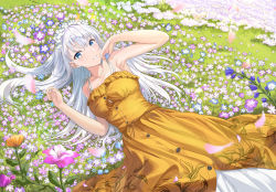 Rule 34 | 1girl, armpits, bare arms, bare shoulders, blue eyes, blue flower, breasts, clip studio paint (medium), collarbone, commentary request, copyright request, day, dress, field, flower, flower field, frilled dress, frills, grin, hair between eyes, hands up, highres, holding, holding flower, long hair, looking at viewer, lying, medium breasts, mosta (lo1777789), on grass, on side, outdoors, petals, pink flower, purple flower, sleeveless, sleeveless dress, smile, solo, very long hair, white hair, yellow dress