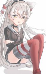 Rule 34 | 1girl, :o, amatsukaze (kancolle), black dress, black panties, blush, breasts, commentary, crossed arms, dress, grey hair, grey neckerchief, hair between eyes, hair tubes, highres, kantai collection, long hair, long sleeves, mosou keito, neckerchief, orange eyes, panties, parted lips, red thighhighs, sailor collar, sailor dress, small breasts, solo, striped clothes, striped thighhighs, thighhighs, underwear, very long hair, white sailor collar