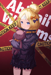 Rule 34 | 1girl, abigail williams (fate), abigail williams (traveling outfit) (fate), absurdres, text background, black jacket, blonde hair, blue eyes, blush, bow, caution tape, character name, closed mouth, commentary request, fate/grand order, fate (series), hair bow, hair bun, heroic spirit traveling outfit, highres, hyangu, jacket, keep out, long hair, long sleeves, looking at viewer, hugging object, official alternate costume, orange bow, parted bangs, polka dot, polka dot bow, purple bow, red background, single hair bun, sleeves past fingers, sleeves past wrists, solo, stuffed animal, stuffed toy, teddy bear