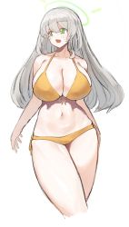 Rule 34 | 1girl, bare arms, bare shoulders, bikini, blue archive, blush, breasts, cleavage, collarbone, cropped legs, front-tie bikini top, front-tie top, green eyes, grey hair, halo, highres, huge breasts, long hair, looking away, looking to the side, moonjunk, navel, nonomi (blue archive), open mouth, orange bikini, orange ribbon, ribbon, side-tie bikini bottom, simple background, solo, standing, stomach, swimsuit, thighs, white background