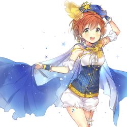 Rule 34 | 10s, 1girl, :d, arm up, beret, blush, breasts, cape, cowboy shot, detached sleeves, earrings, hand on headwear, hat, holding, holding cape, holding clothes, hoshizora rin, jewelry, love live!, love live! school idol festival, love live! school idol project, open mouth, orange hair, short hair, shorts, simple background, small breasts, smile, solo, star (sky), star (symbol), starry sky print, white background, wrist cuffs, yellow eyes, yuran