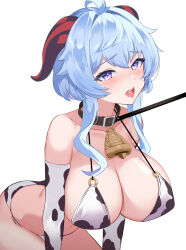 Rule 34 | 1girl, ahoge, animal print, bdsm, bell, bent over, bikini, black collar, blue hair, breasts, collar, cow print, cowbell, elbow gloves, ganyu (genshin impact), genshin impact, gloves, goat horns, highres, horns, large breasts, leaning forward, leash, navel, neck bell, open mouth, print bikini, purple eyes, sidelocks, simple background, slave, solo, stomach, suggestive fluid, swimsuit, tongue, tongue out, white background, yuruto