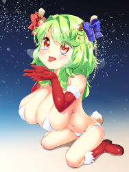 Rule 34 | 1girl, :p, bikini, boots, breasts, christmas, clip studio paint (medium), elbow gloves, gloves, green hair, highres, horns, huge breasts, long hair, navel, night, orange eyes, original, pedocchi, red gloves, solo, star (symbol), swimsuit, tail, tongue, tongue out, white bikini
