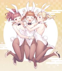 Rule 34 | 3girls, :d, ;d, ^ ^, animal ears, ass, back, blonde hair, bow, bowtie, breasts, brown hair, character request, chinese zodiac, cleavage, closed eyes, copyright request, covered navel, detached collar, e (eokiba), from side, girl sandwich, hand on another&#039;s waist, hands on another&#039;s shoulder, high heels, highleg, highleg leotard, highres, hug, jumping, leotard, multiple girls, new year, one eye closed, open mouth, pantyhose, ponytail, profile, purple eyes, rabbit ears, rabbit pose, rabbit tail, red eyes, red hair, sandwiched, sideboob, small breasts, smile, tail, twintails, white leotard, year of the rabbit