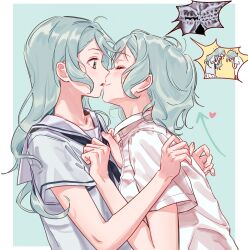 Rule 34 | 2girls, absurdres, accident, aqua background, aqua hair, arrow (symbol), bang dream!, blouse, blue neckerchief, border, closed eyes, closed mouth, collared shirt, commentary, green eyes, hands on another&#039;s chest, heart, highres, hikawa hina, hikawa sayo, incest, inset, kiss, long hair, looking at another, multiple girls, neckerchief, parted lips, sailor collar, school uniform, serafuku, shirt, short hair, short sleeves, siblings, simple background, sisters, smile, surprise kiss, surprised, twincest, twins, upper body, white border, white shirt, x-ray, yuri, zihacheol