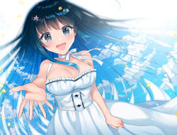 Rule 34 | 1girl, :d, ahoge, bare arms, bare shoulders, black eyes, black hair, blue sky, blush, breasts, choker, cleavage, cloud, cloudy sky, commentary request, cowboy shot, dress, floating hair, flower, frilled dress, frills, glint, hair flower, hair ornament, large breasts, long hair, looking at viewer, naomi (fantasia), open mouth, original, outstretched hand, reaching, reaching towards viewer, ribbon choker, sky, sleeveless, sleeveless dress, smile, solo, standing, star (symbol), star hair ornament, teeth, underbust, upper teeth only, white choker, white dress