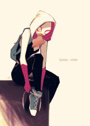 Rule 34 | 1girl, absurdres, bag, black bodysuit, blue bag, blue footwear, bodysuit, copyright name, food, food in mouth, gwen stacy, haji (haji07lo), highres, hood, hooded bodysuit, marvel, multicolored bodysuit, multicolored clothes, pink bodysuit, sandwich, shoelaces, shoes, simple background, sitting, sneakers, solo, spider-gwen, spider-man: into the spider-verse, spider-man (series), spider-verse, spider web print, superhero costume, twitter username, white background, white bodysuit