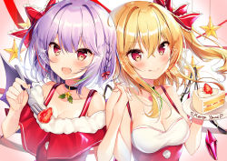 Rule 34 | 2girls, :d, :p, absurdres, bare arms, bare shoulders, bat wings, black choker, blonde hair, blush, bow, braid, breasts, cake, choker, cleavage, collarbone, commentary request, crystal, fang, flandre scarlet, food, fork, frilled bow, frills, fruit, gradient background, hair between eyes, hair bow, hair intakes, hands up, heart, highres, holding, holding fork, holding hands, holding plate, light purple hair, long hair, looking at viewer, medium breasts, merry christmas, multiple girls, nenobi (nenorium), no headwear, off-shoulder shirt, off shoulder, one side up, open mouth, pink background, plate, red bow, red eyes, red shirt, remilia scarlet, shirt, short hair, siblings, sidelocks, sisters, skin fang, smile, spaghetti strap, star (symbol), strawberry, strawberry shortcake, tongue, tongue out, touhou, white background, wings
