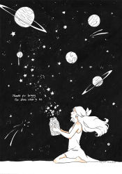 Rule 34 | 1girl, absurdres, arms up, artist name, barefoot, commentary, dated, dress, english commentary, english text, facebook username, full body, highres, holding, holding jar, ines dinis, jar, kneeling, long hair, night, original, planet, saturn (planet), signature, solo, space, star (sky), star (symbol), text focus, watermark, web address, white dress, white hair