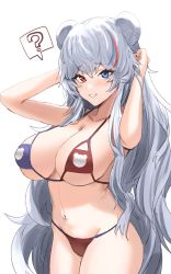 Rule 34 | 1girl, ?, absurdly long hair, animal ears, arknights, blue eyes, breasts, hair streaks, heterochromia, highres, horn/wood, large breasts, long hair, looking at viewer, multicolored clothes, multicolored swimsuit, red eyes, rosa (arknights), smile, solo, spoken question mark, swimsuit, very long hair, white hair