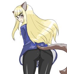 Rule 34 | 00s, 1girl, animal ears, anus, artist request, ass, blonde hair, cameltoe, cat ears, cat tail, from behind, glasses, long hair, looking back, no panties, open mouth, pantyhose, perrine h. clostermann, pussy, see-through, simple background, solo, strike witches, tail, thighs, uncensored, world witches series, yellow eyes