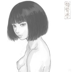 Rule 34 | 1girl, artist logo, bob cut, breasts, closed mouth, from side, greyscale, large breasts, looking at viewer, looking to the side, monochrome, nipples, nude, original, short hair, shu-mai, simple background, solo, white background