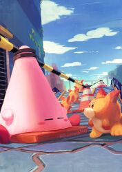 Rule 34 | absurdres, awoofy, blue sky, blush stickers, building, caution tape, closed eyes, cloud, cone mouth, highres, kirby, kirby (series), kirby and the forgotten land, looking at another, mouthful mode, nintendo, queue, sky, stairs, stone floor, suyasuyabi, traffic cone, twitter username