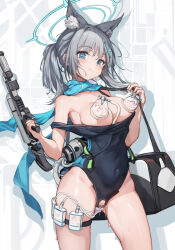 Rule 34 | 1girl, aden 07, animal ear fluff, animal ears, bag, black one-piece swimsuit, blue archive, blue eyes, blue scarf, blush, bottle, breast pump, breasts, breasts out, censored, closed mouth, competition swimsuit, covered navel, cross, cross hair ornament, crotchless, crotchless swimsuit, extra ears, grey hair, gun, hair ornament, halo, highleg, highleg swimsuit, highres, inverted cross, lactation, looking at viewer, low ponytail, medium breasts, medium hair, milking machine, multicolored clothes, multicolored swimsuit, nipples, object insertion, off shoulder, official alternate costume, one-piece swimsuit, pussy cutout, pussy juice, pussy juice trail, pussy pump, scarf, shiroko (blue archive), shiroko (swimsuit) (blue archive), shoulder bag, simple background, solo, swimsuit, thigh strap, tube, two-tone swimsuit, vaginal, vaginal object insertion, weapon, wolf ears