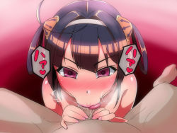 Rule 34 | 1boy, 1girl, :&gt;=, azur lane, blush, fellatio, hair ornament, hairband, heart, heavy breathing, hetero, highres, kageusu gokuto, looking at viewer, nude, oral, penis, ping hai (azur lane), pov, saliva, shiny skin, solo focus, text focus, tongue, tongue out, uncensored