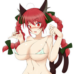 Rule 34 | 1girl, absurdres, animal ears, bikini, bikini top only, braid, breasts, cat ears, cat girl, cat tail, fang, female focus, hair ribbon, highres, himenomikan, huge breasts, kaenbyou rin, multiple tails, red eyes, red hair, ribbon, short hair, solo, swimsuit, tail, touhou, twin braids, twintails