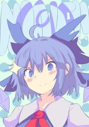 Rule 34 | &gt;:), circled 9, 1girl, ahoge, blue eyes, blue hair, blush, blush stickers, bow, cirno, dress, english text, hair bow, ice, ice wings, looking at viewer, matching hair/eyes, satou rin (gobugabuge), short hair, smile, solo, sparkle, symbol-shaped pupils, touhou, upper body, v-shaped eyebrows, wings