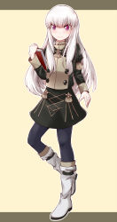 Rule 34 | 1girl, beige background, black jacket, black pantyhose, black skirt, blush, book, boots, closed mouth, commentary request, eupaulettes, fire emblem, fire emblem: three houses, full body, garreg mach monastery uniform, grey footwear, hair between eyes, hand up, highres, hiro (pqtks113), holding, holding book, jacket, juliet sleeves, knee boots, long hair, long sleeves, looking at viewer, lysithea von ordelia, nintendo, pantyhose, puffy sleeves, purple eyes, silver hair, skirt, smile, solo, standing, standing on one leg, uniform, very long hair
