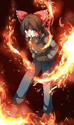Rule 34 | 1girl, black eyes, black hoodie, blue pants, blush, bow, brown footwear, brown hair, cigarette, commentary request, cookie (touhou), denim, eyes visible through hair, fire, frilled bow, frills, full body, hair bow, hakurei reimu, hands in pockets, highres, hood, hoodie, jeans, looking to the side, maru (cookie), pants, red bow, shoes, short hair, smoke, smoking, solo, touhou, yumekamaborosh