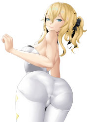 Rule 34 | 1girl, ass, bare shoulders, blonde hair, blue eyes, blush, bow, breasts, cameltoe, come hither, from behind, genshin impact, hair bow, huge ass, jean (genshin impact), long hair, looking at viewer, looking back, medium breasts, pants, pantylines, ponytail, shiny skin, sideboob, smile, solo, yfstudio